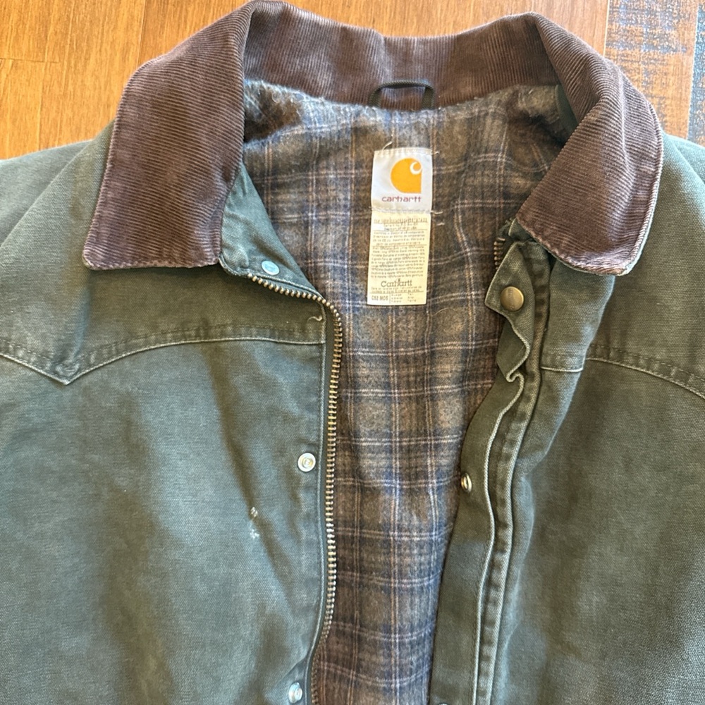 Vintage 1990s Carhartt Green Jacket with Brown Collar XLT
